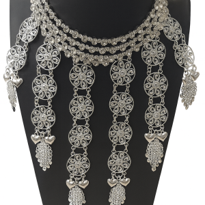 Traditional Hmong bridal statement necklaces. Multi-strand crystal choker with ornate filigree and pearl drop pendants, suitable for weddings, cultural ceremonies, or special occasions.